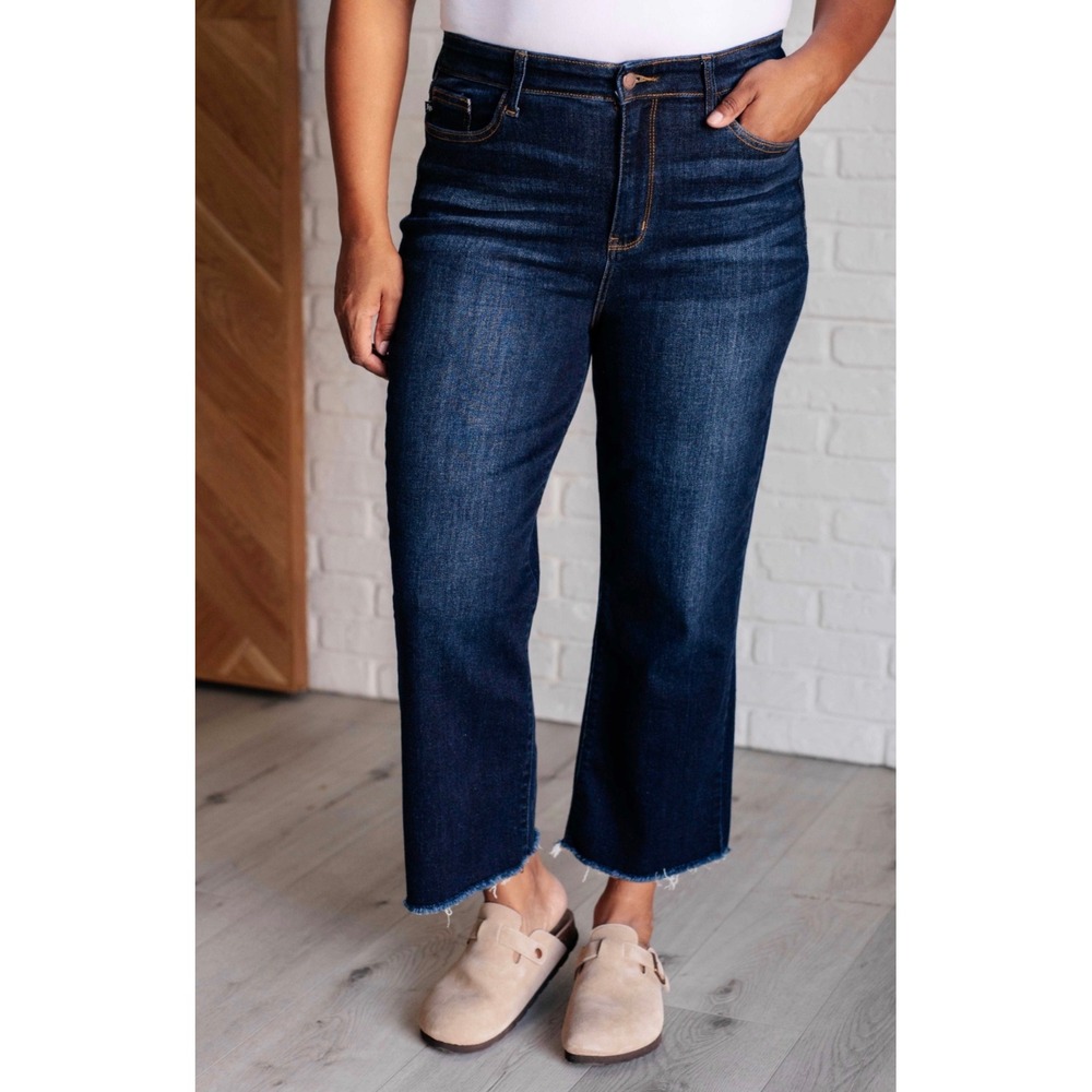 Judy Blue Wide Leg Jeans Womens 11/30 Dark Wash Raw Hem JB82517DK-CO cropped